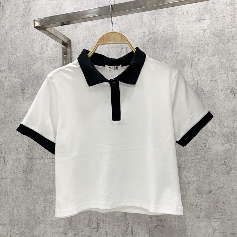 Áo croptop polo viền đen