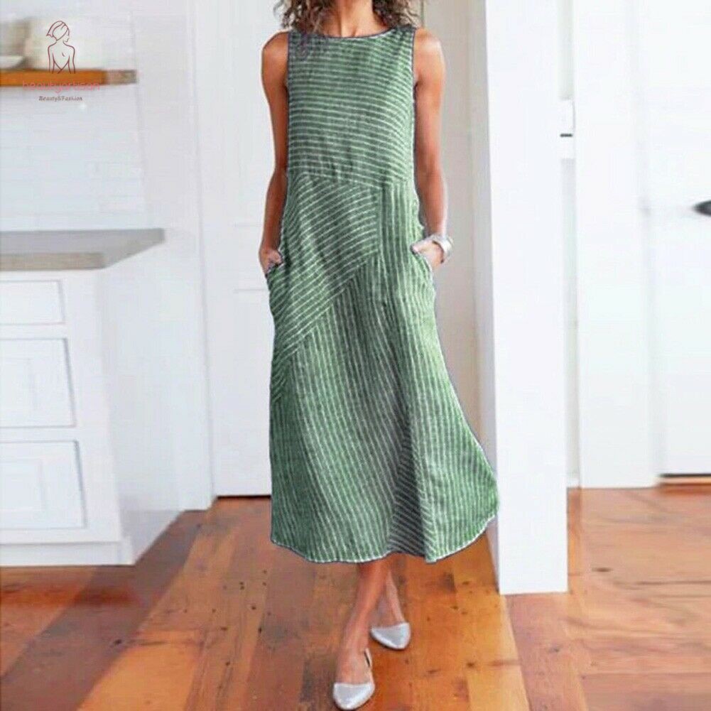 Đầm Maxi Sát Nách Chất Cotton Hoạ Tiết Kẻ Sọc Cho Phái Nữ | BigBuy360 - bigbuy360.vn