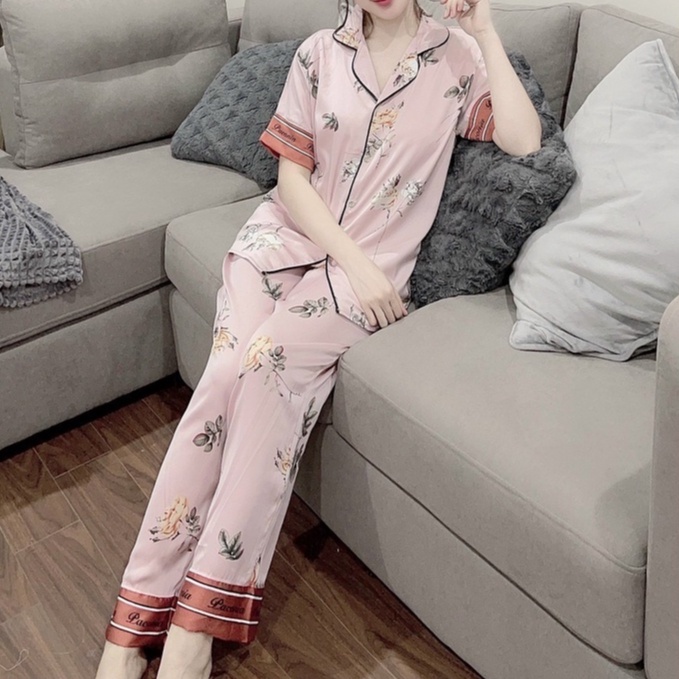 Bộ đồ ngủ lụa mặc nhà pyjama cổ tròn lụa latin cao cấp áo cộc quần đùi freesize 45-60kg | BigBuy360 - bigbuy360.vn