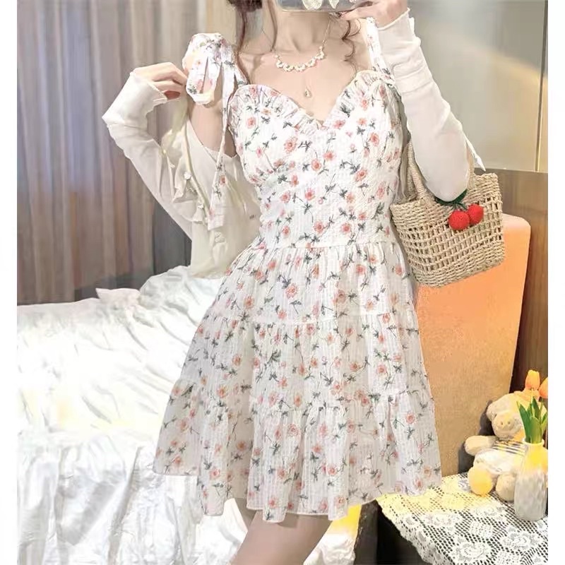 Set Đầm Hoa Nhí Đũi Xốp Buộc Nơ Vai + Áo Khoác Len Ren