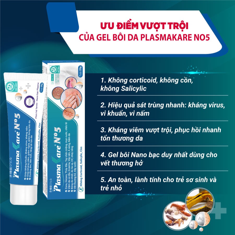 Combo 2 Gel PlasmaKare No5 cho Thuỷ đậu, Sởi, Tay chân miệng, Zona, Herpes, nấm da xẹp mụn, ngứa, dịu da, Ko thâm sẹo