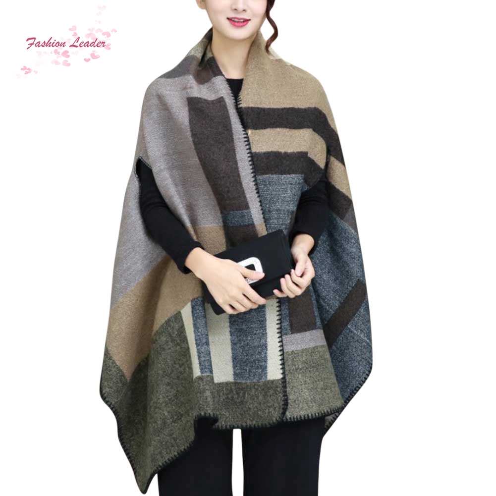 ✽FL✽Women Faux Cashmere Scarf Poncho Cape Wrap Patchwork Plaid S | BigBuy360 - bigbuy360.vn