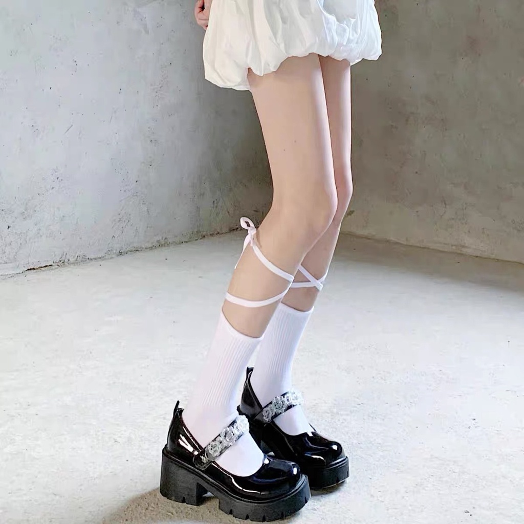 Tất Vớ nữ ullzang buộc dây 2 màu Tất dài dưới gối nữ sinh phối với giày sneaker, mj,...