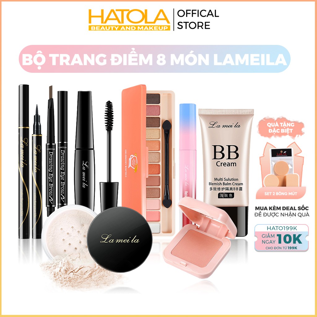 Bộ trang điểm Lameila 8 món đầy đủ tiện lợi set makeup chuyên nghiệp tặng kèm mút Hatola