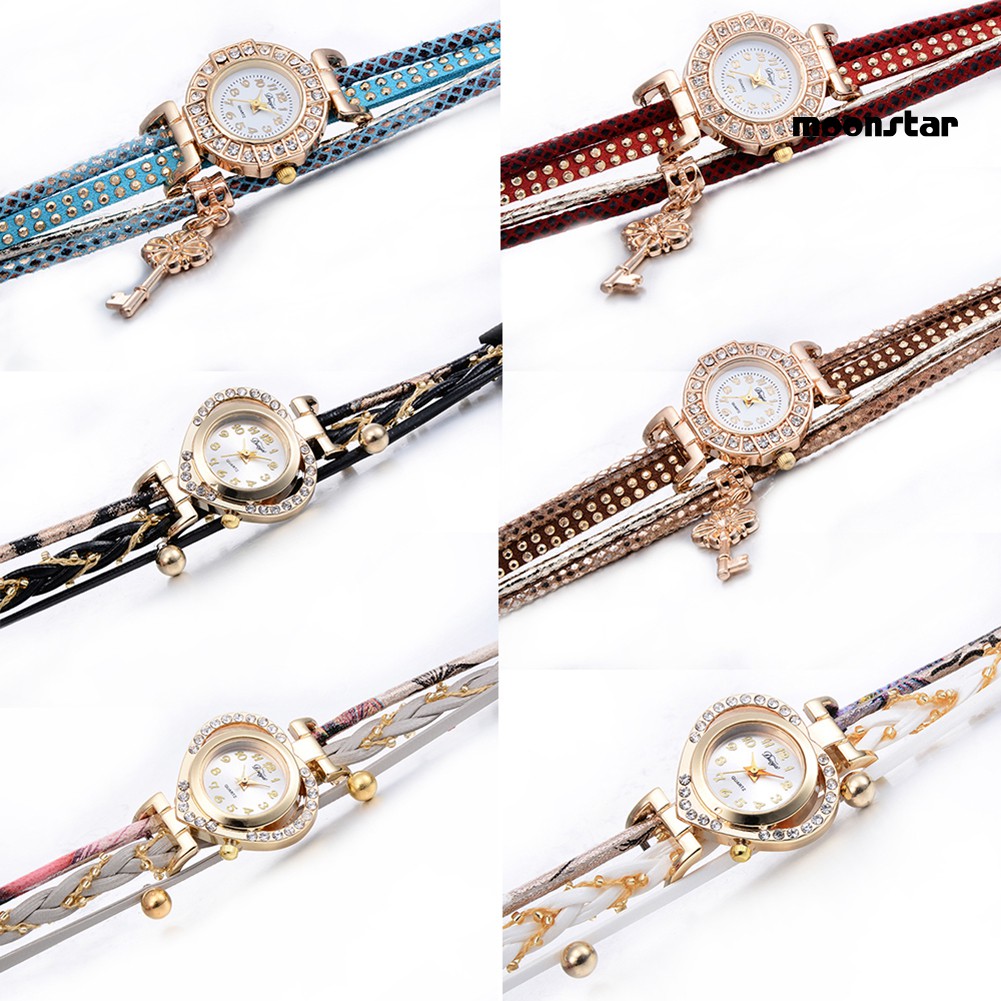 MS  Key Pendant Multi-Layer Rivets Band Arabic Numerals Quartz Bracelet Wrist Watch