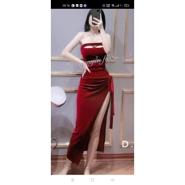Váy Nhung body hở bụng khoét sườn chân váy vát chéo sang chảnh.