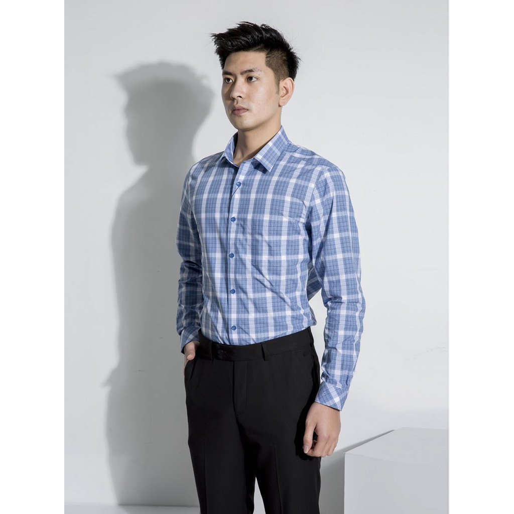 Áo Sơ Mi Nam Tay Dài Aristino ALS38107 Màu Caro Xanh Trầm Kiểu Dáng Regular Fit Chất Liệu Sợi Sồi