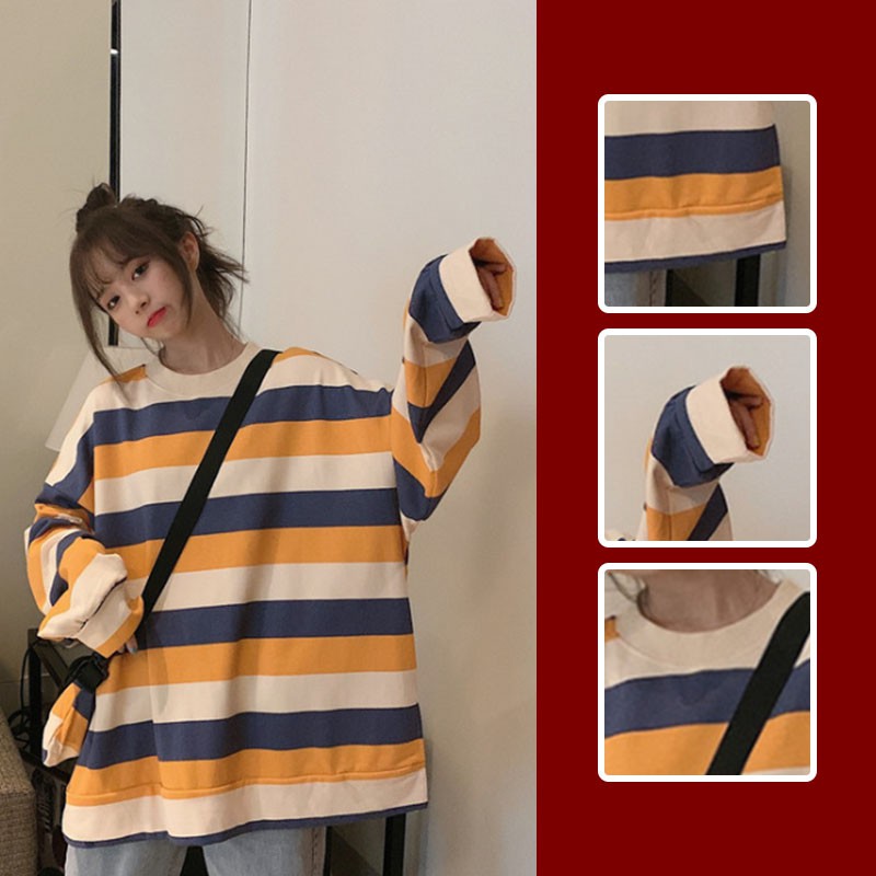 Cotton Striped Round Neck Sweatshirt Women-free Small Bag