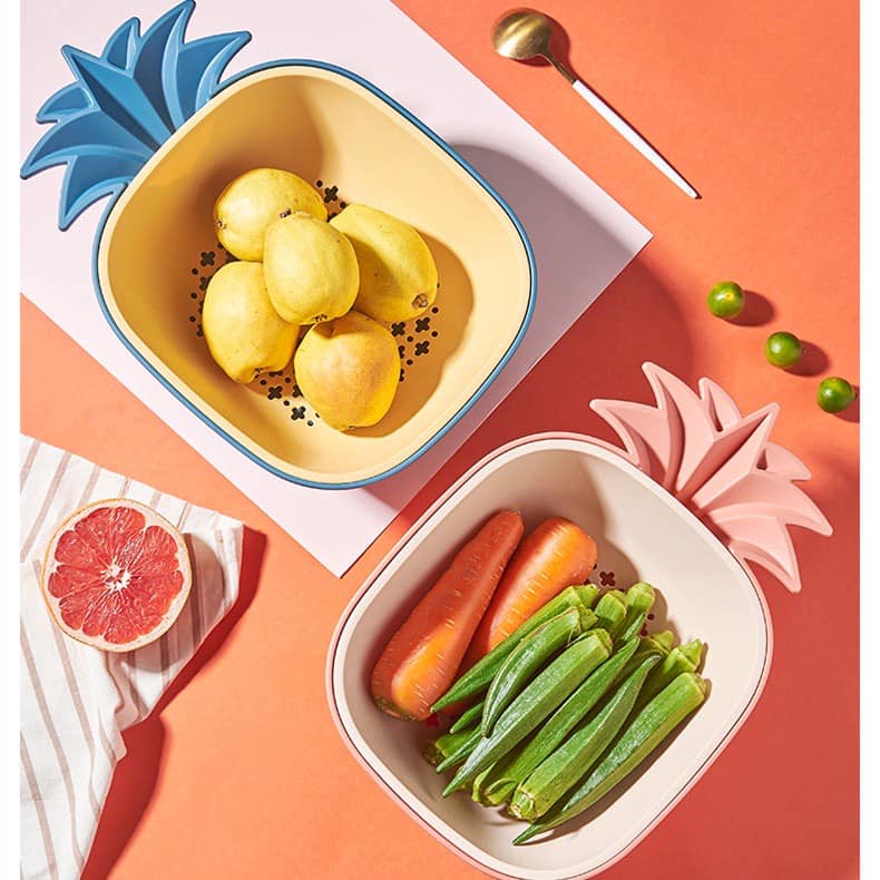 Bộ Rổ Kèm Thau Đựng Rau Trái Cây Hình Trái Dứa Độc Đáo Đáng Yêu (32.8 x 22.3 x10cm - Bộ Gồm 1 Rổ 1 Thau Theo Màu)