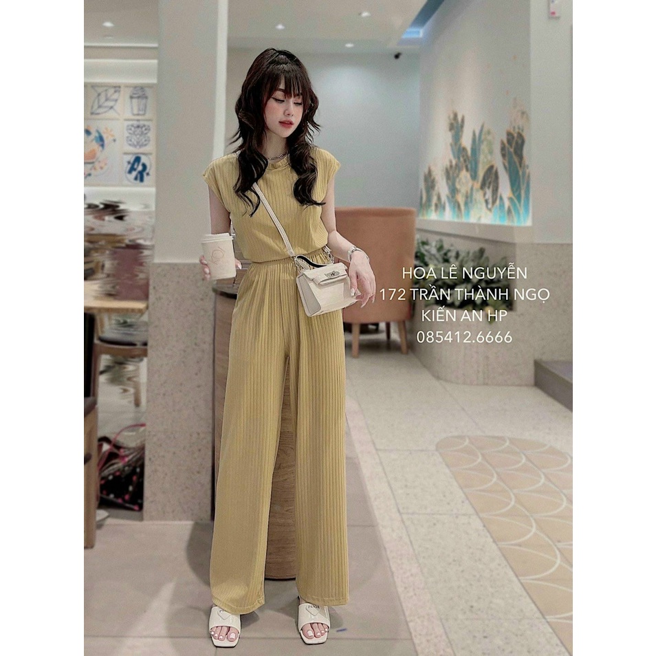 [Set sale] Set áo và quần đi chơi với quần dài ống rộng kèm áo ngắn tay form rộng, cá tính, chất vải thun gân