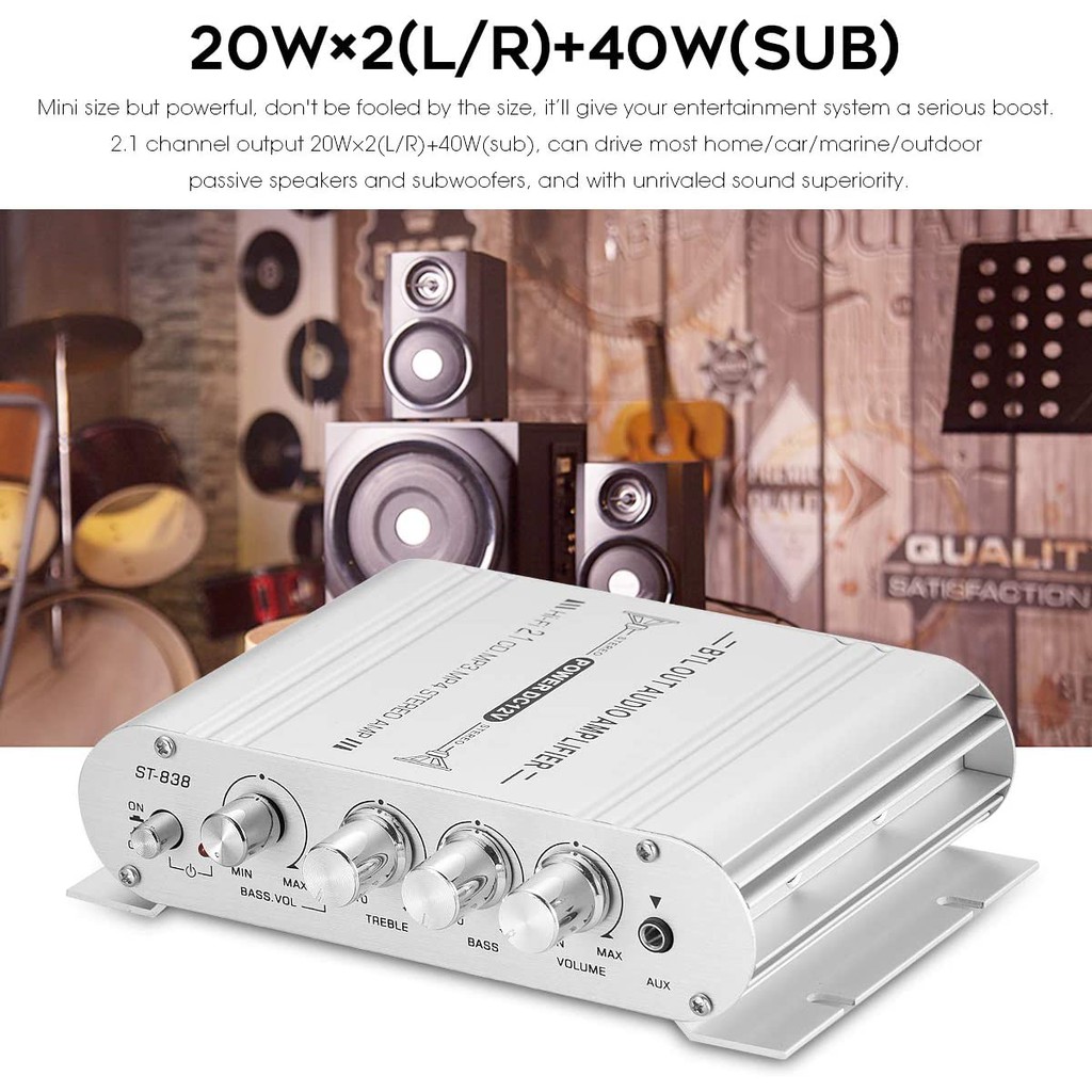 Ampli Mini Công Suất ST-838 12V Hi-Fi 2.1 Dùng Cho Xe Ô Tô, Xe Máy, Âm Thanh Gia Đình