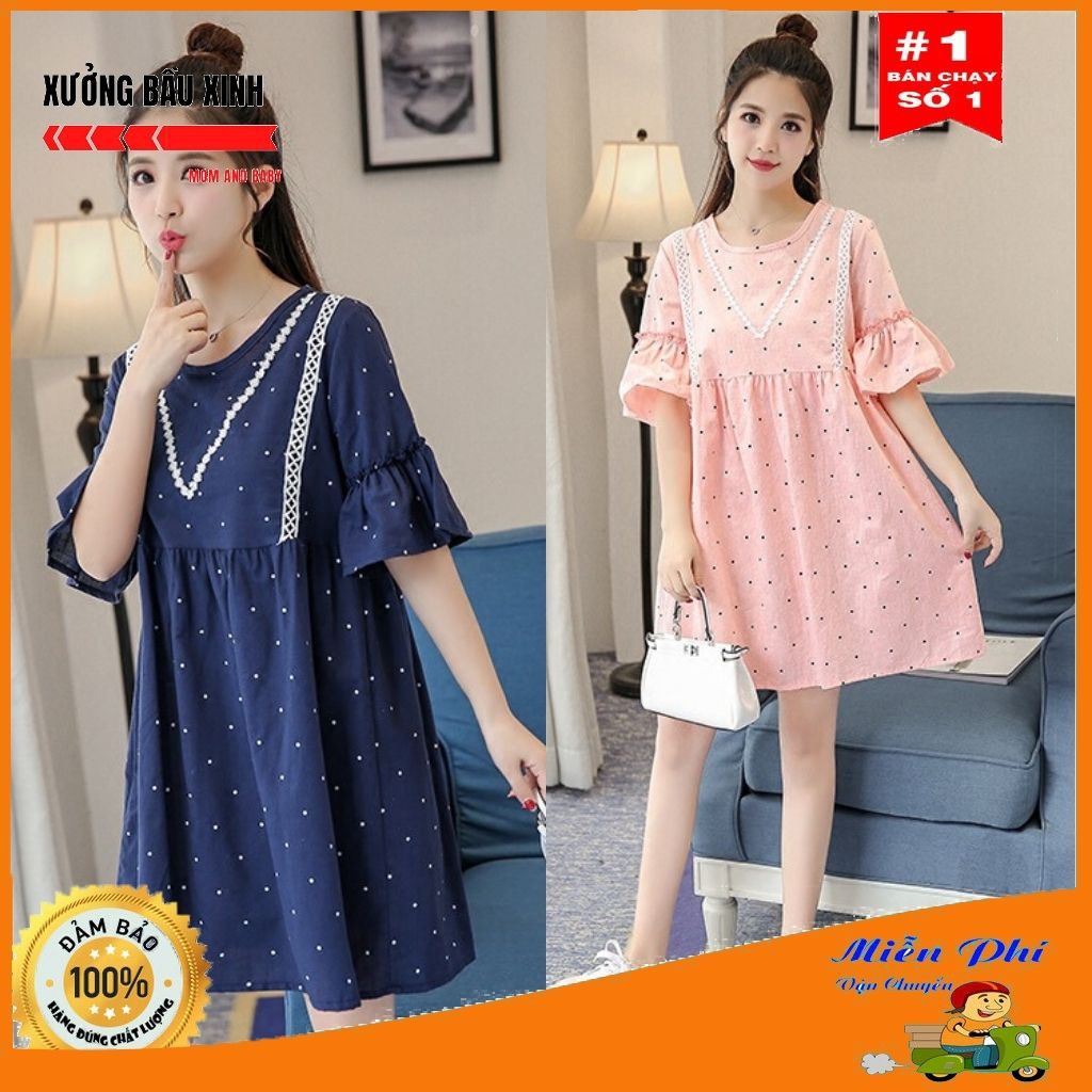 Váy bầu thời trang thiết kế chấm bi M129 chất chéo thái freesize từ 45 đến 70kg