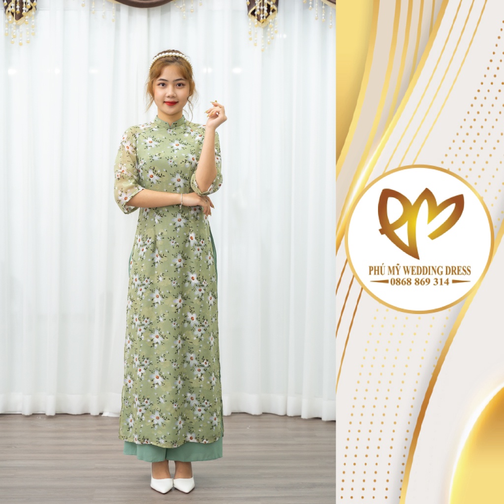 Áo dài truyền thống voan tơ màu xanh tay lỡ họa tiết hoa trắng