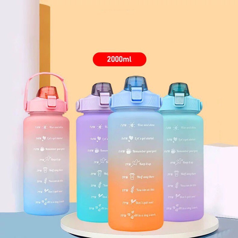Bình nước 2 lít SUNHOME tặng Sticker cho người lười, bình đựng nước cho bé cute 2000ml có ống hút, vạch chia giờ