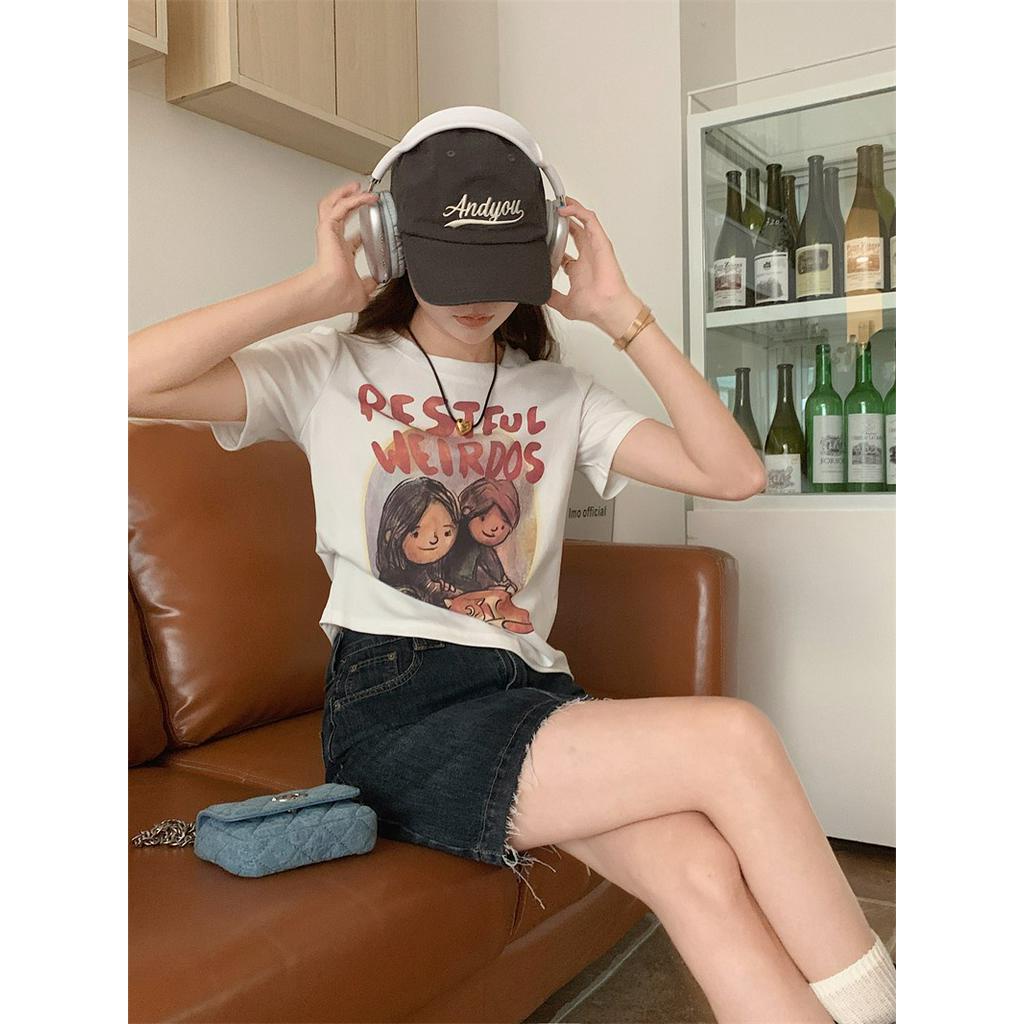 Áo Thun Dáng Ôm Ngắn Tay In Hoạt Hình Và Chữ Thời Trang Hè Cá Tính 63970