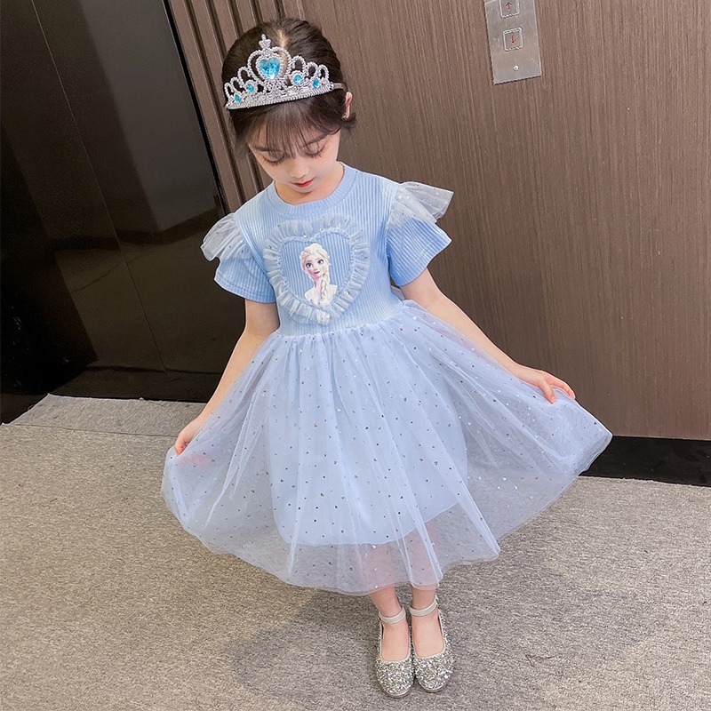 Đầm Công Chúa Phối Lưới Dệt Kim Thời Trang Mùa Hè Cho Bé Gái