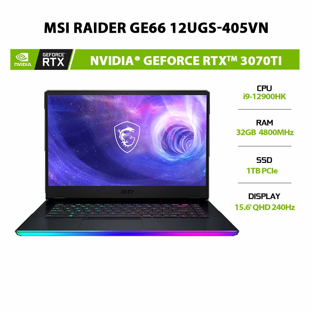 [ELBAU7 giảm 7%] Laptop MSI Raider GE66 12UGS-405VN i9-12900HK|32GB|1TB|RTX™ 3070Ti 8GB|15.6' QHD 240Hz|W11