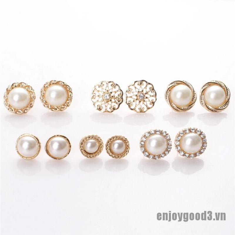 <enjoy3> 6 Pairs Elegant Crystal Rhinestone Diamond Pearl Sign Ears Tiny Studs Earrings