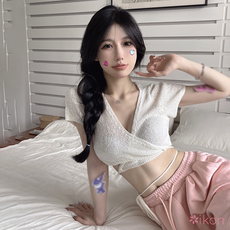 Áo Croptop Dệt Kim Tay Ngắn Cổ Chữ V Cột Dây Phong Cách Hàn Quốc Thời Trang Mùa Hè Cho Nữ