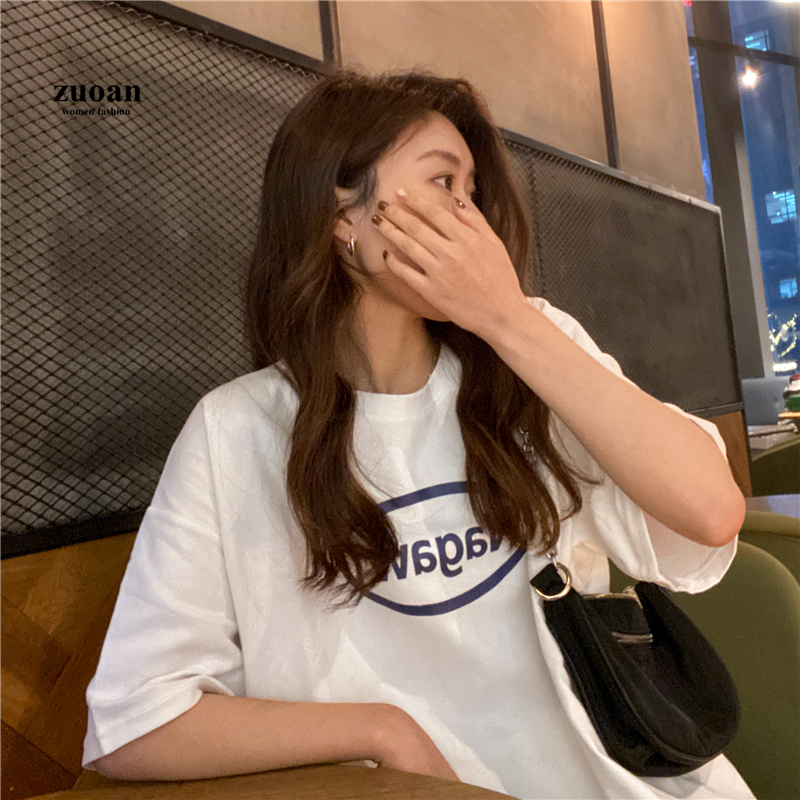 SUXI Áo thun tay ngắn dáng rộng in họa tiết chữ cái thời trang dành cho nữ