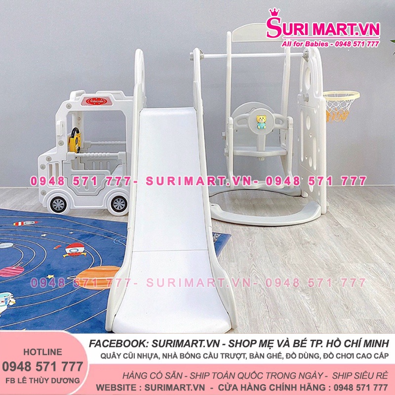 Cầu trượt xích đu ô tô Bus đa năng - Cầu trượt ô tô Bus cho bé 4in1