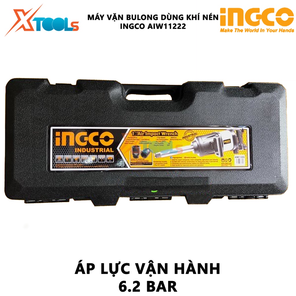 Máy siết bulong khí nén 25mm (1&quot;) Ingco AIW11222 đậu vặn vuông 25mm(1''); lượng khí tiêu thụ: 1019l/min, kích thước bulo