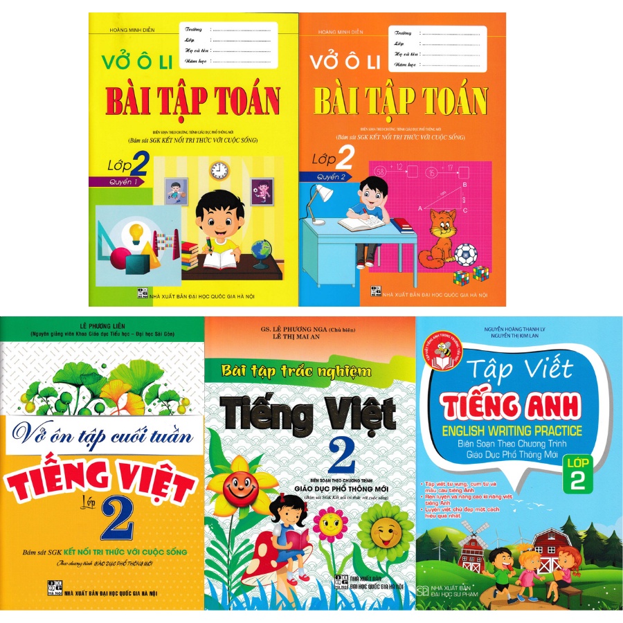 Sách - Combo Vở Ô Li Bài Tập Toán - Tập Viết Tiếng Anh - Vở Ôn Tập Cuối Tuần Và Bài Tập Trắc Nghiệm Tiếng Việt Lớp 2