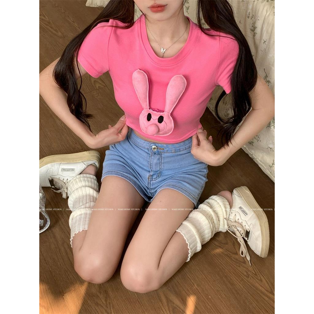 Áo Thun crop Top Tay Ngắn Cổ Tròn In Hình Thỏ Phong Cách Hàn Quốc Quyến Rũ Dành Cho Nữ