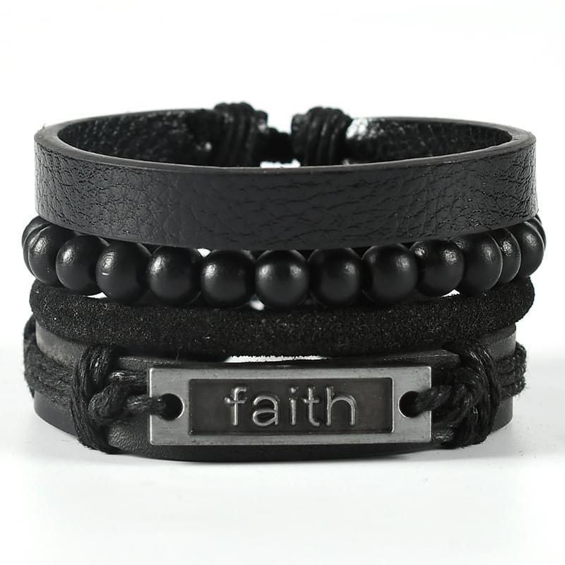 Vòng Tay Nam Lắc Tay Unisex Thời Trang Đeo Tay Nam Nữ Basic PUN Màu Đen - Vòng Tay Da Faith