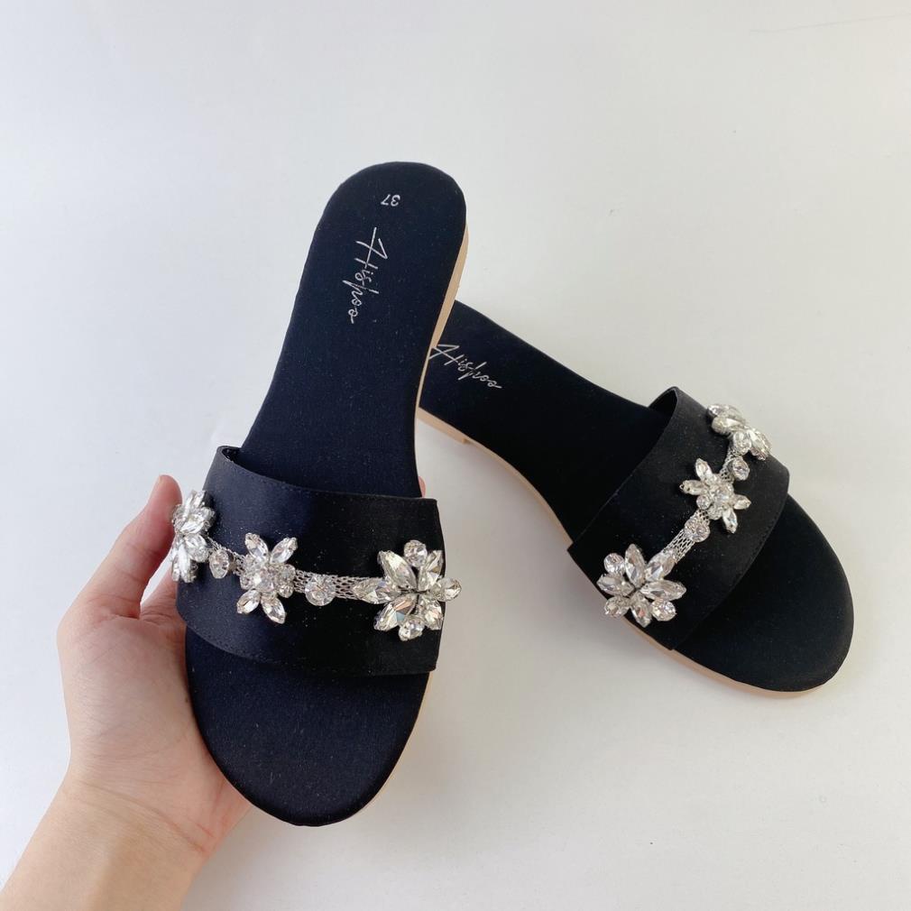 Dép lê nữ dáng sandal đi biển quai ngang đế bệt bảng to đính đá chính hãng có Bigsize S062 ⬲
