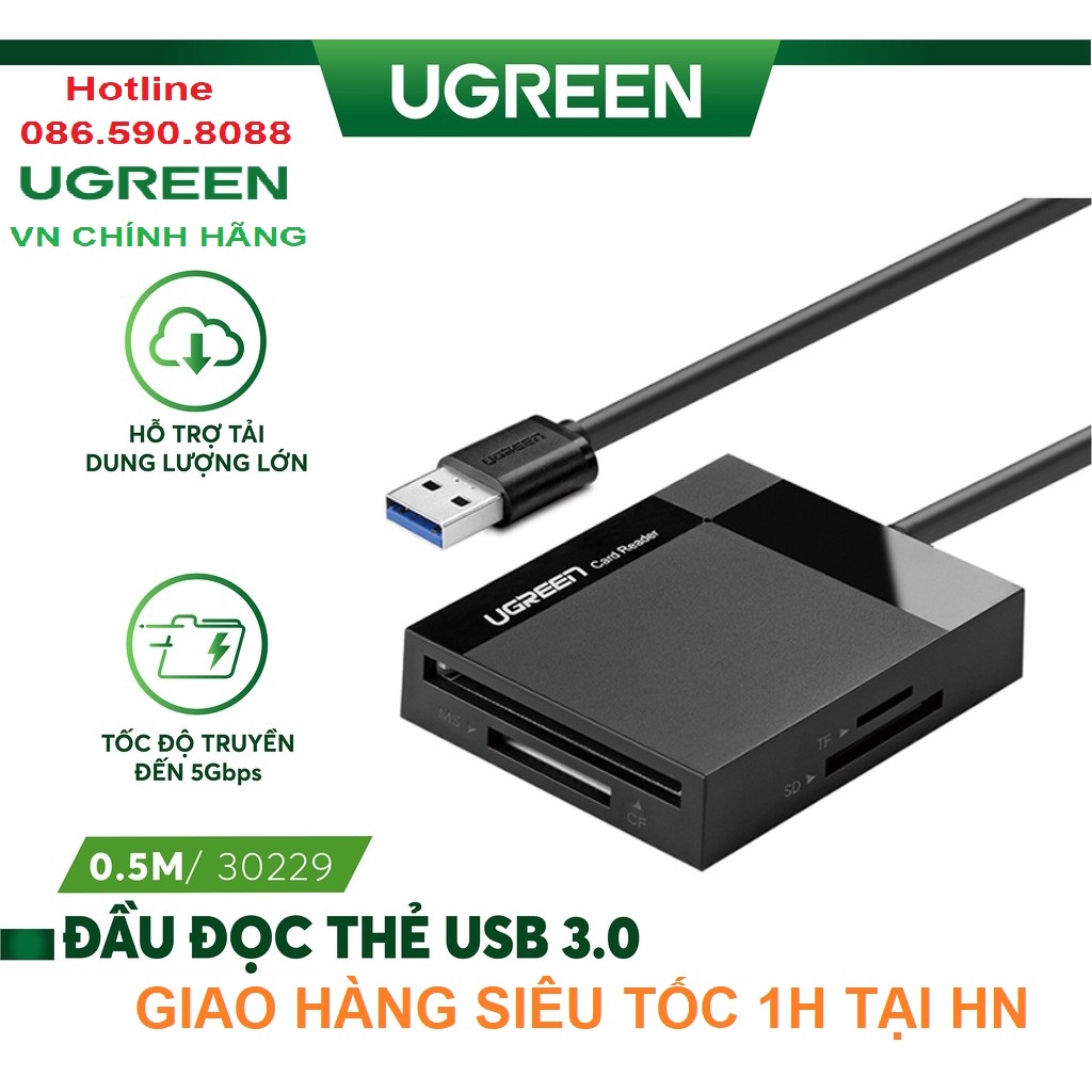 Đầu đọc thẻ USB 3.0 hỗ trợ thẻ TF/SD/CF/MS dài 0.5m UGREEN 30229 30333 - Hàng Chính Hãng