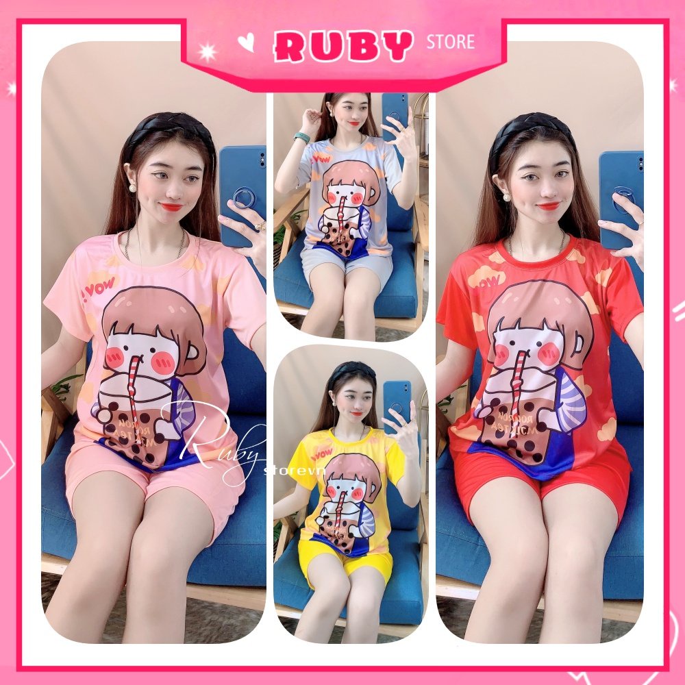 Đồ bộ nữ mặc nhà chất thun mềm mịn mát in hình bé Trà sữa hoạt hình dễ thương Bộ thun đùi BTT104