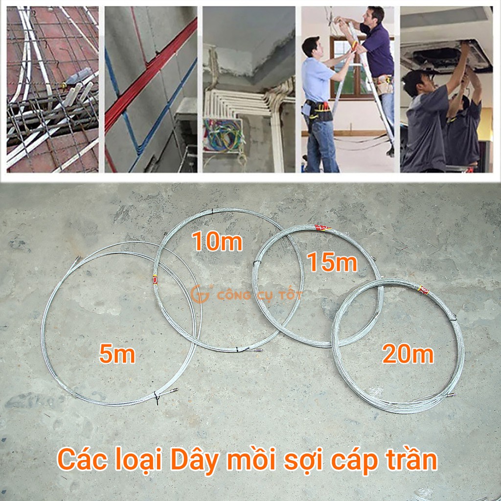 Dây mồi luồn ống sợi cáp trần 4ly đầu gắn bánh xe