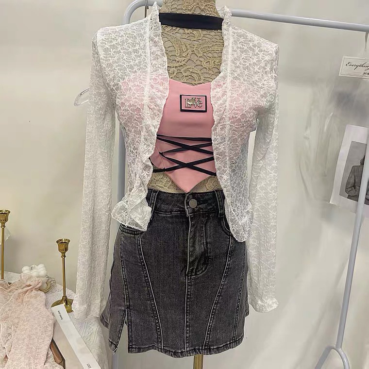 Áo cardigan ren mỏng dài tay khoác ngoài váy hai dây, áo dây Ulzzang style🌸 Hàng Quảng Châu