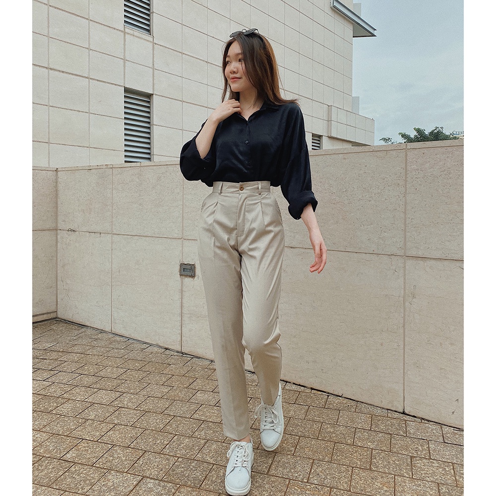 Quần tây nữ baggy LUCETFASHION đen kem cao cấp