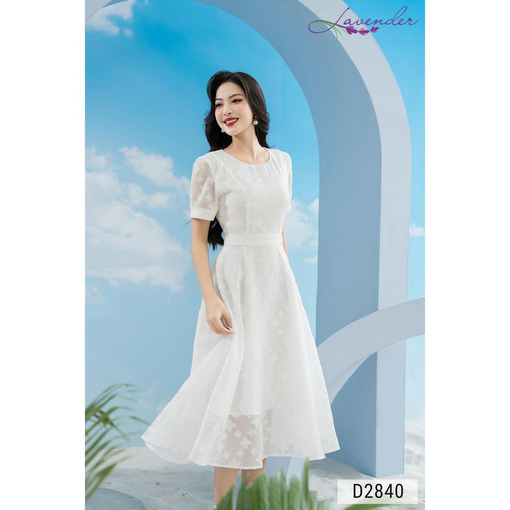 Đầm công sở thiết kế LAVENDER màu trắng vải tơ ren hoa 4 cánh D2840