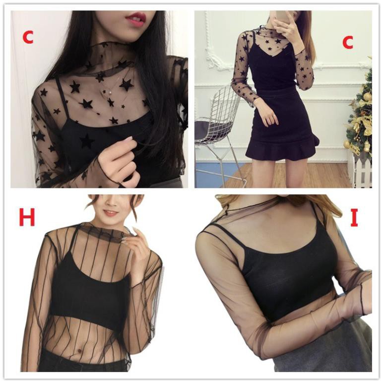 Women Mesh T-shirts Long Sleeve Tops Hot Sexy High Neck Black Lace Bottoming Shirts Punk Chic T Shirt Women  ྇