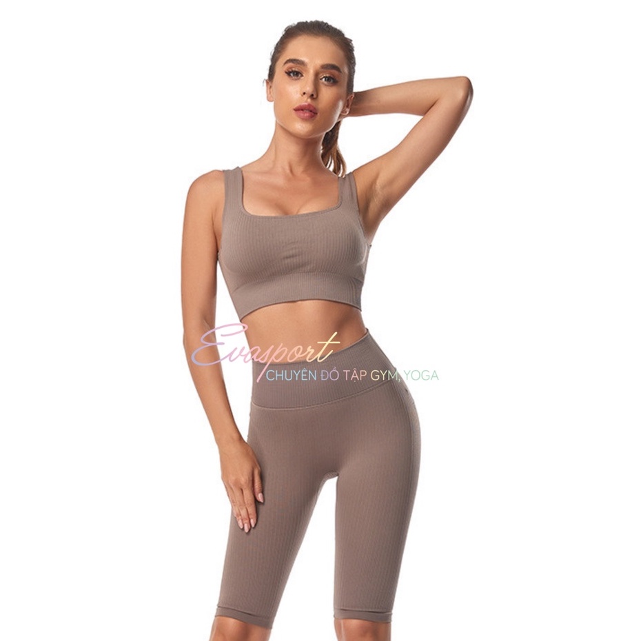 Set Bra Dệt Sọc Quần Đùi Cap Cao Tập Gym Thể Thao Yoga Vải Dệt Kim Thấm Hút Mồ Co Dãn Tốt EVASPORT