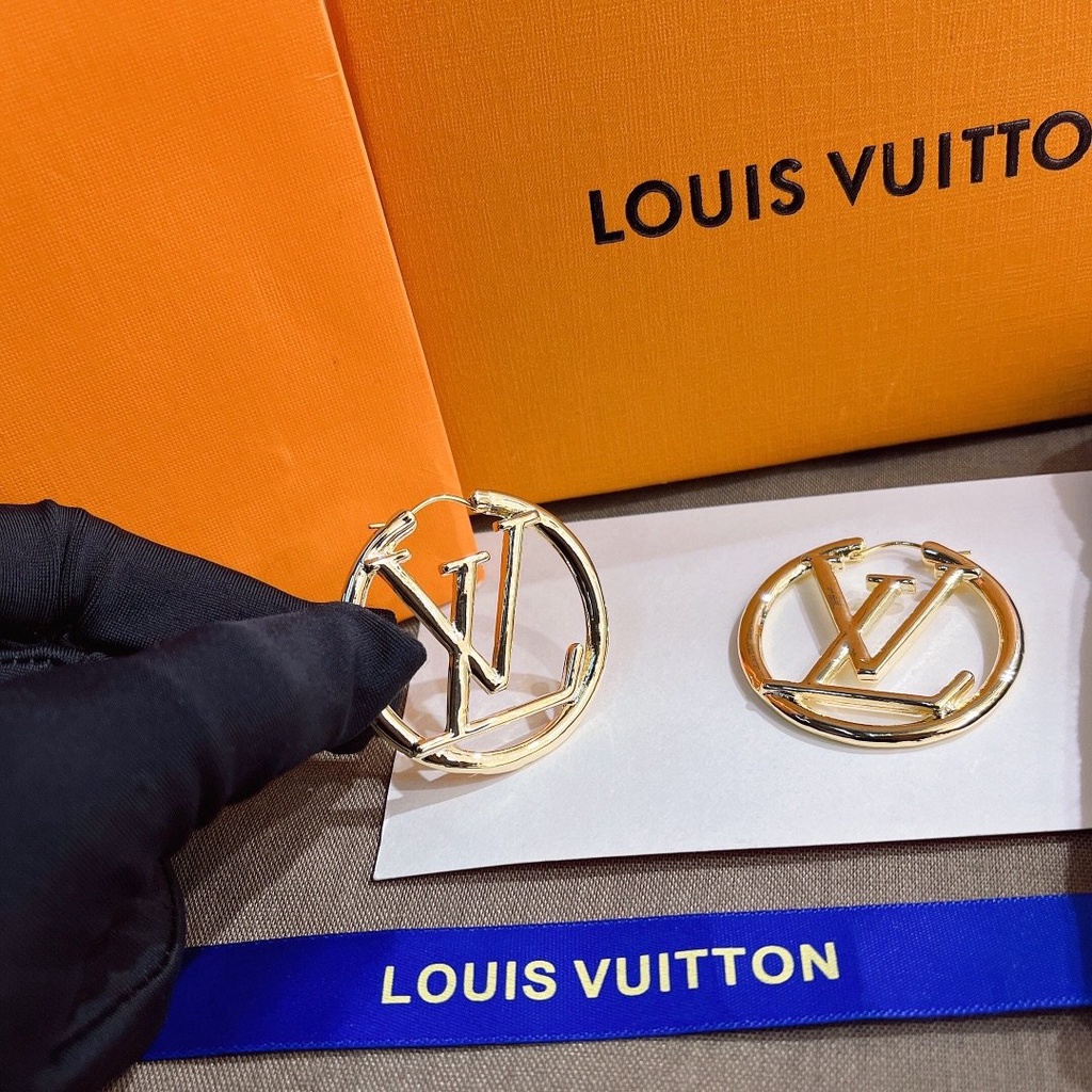 LOUIS VUITTON Khuyên Tai Tròn Mạ Bạc S925 Họa Tiết Chữ LV Sang Trọng Dành Cho Nữ