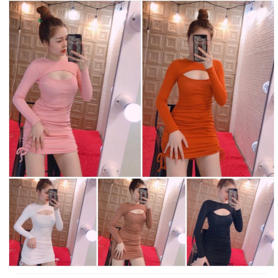 Siêu phẩm đầm cut out ngực tay dài rút dây 2 bên xinh sexy