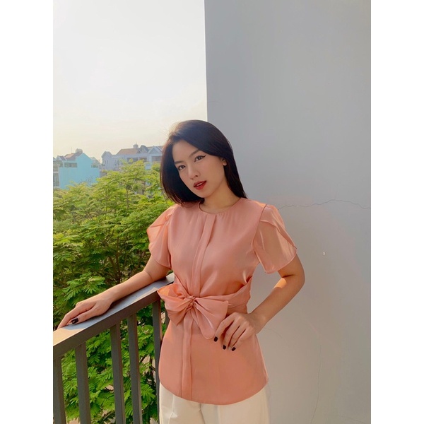 Áo sơ mi organza nơ hồng