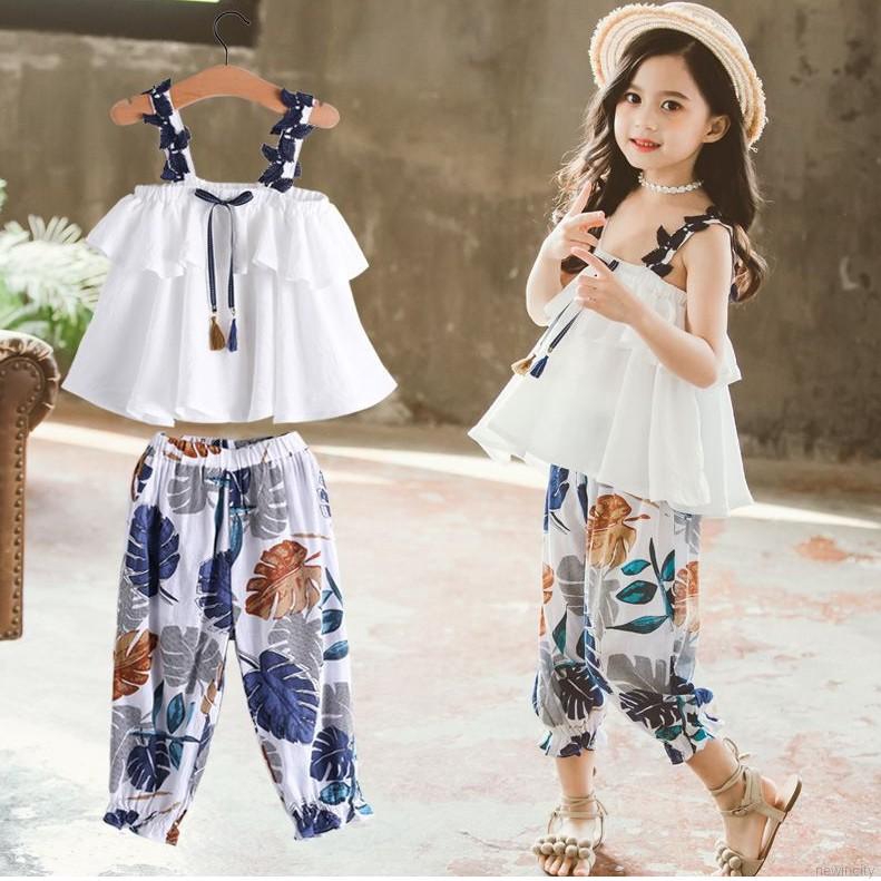 Bộ áo hai dây + quần dài in hoa lá dễ thương cho bé gái