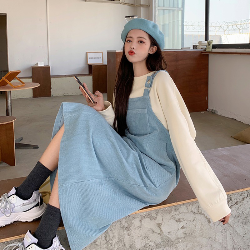 Set váy yếm Bigsize nhung dáng dài nữ kèm áo tay dài sweater nữ bông, có hình thật.