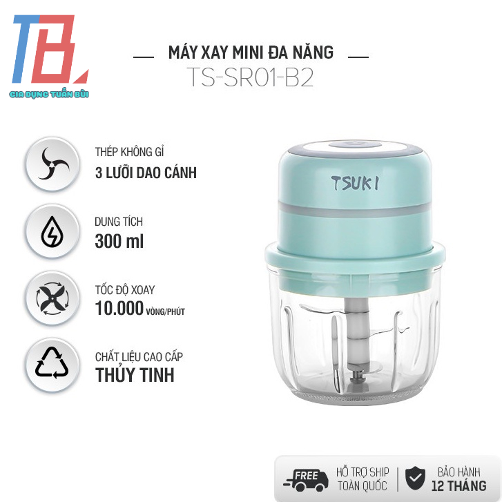 Máy xay Tsuki 300ml, 30W, 3 lưỡi dao, xay hành, tỏi, tiêu, ớt - Hàng chính hãng BH 12 tháng