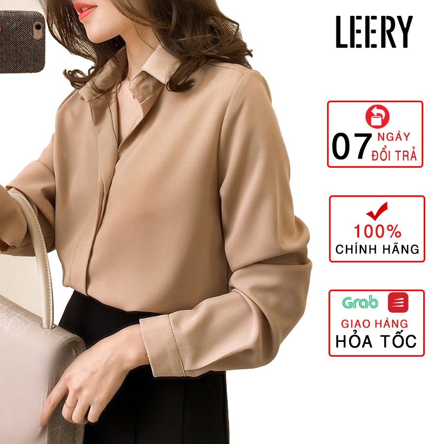 Áo sơ mi công sở nữ đẹp kiểu Hàn Quốc form rộng tay dài chất lụa cao cấp màu Trắng Be Đen Xanh LEERY SM-01 - Hàng mới về
