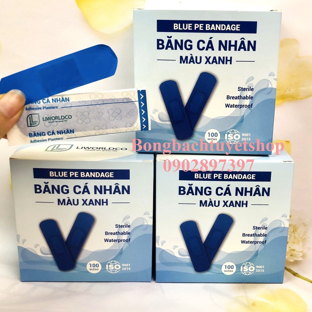 Băng cá nhân Màu Xanh chăm sóc vết thương sóc vết thương hộp 100 miếng - Băng keo cá nhân sơ cứu vết thương