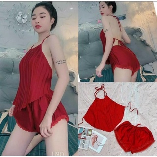 Yếm ngủ sexy, set bộ yếm dập ly hở lưng gợi cảm freesize dưới 58kg, vải phi lụa mềm mại thoáng mát, hàng mới về 10 màu