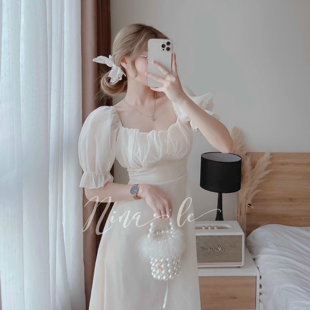 Đầm cổ vuông tay phồng xếp ly ngực trắng dự tiệc ChemMix siêu xinh cho nàng hẹn hò, đi biển