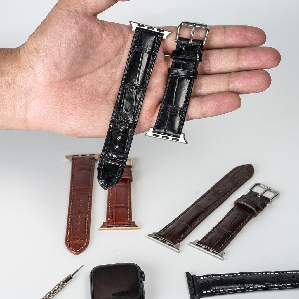 Dây apple watch da cá sấu đốt tre-khâu tay thủ công D108- dây apple watch series 3 series 4 series 5-Bụi leather