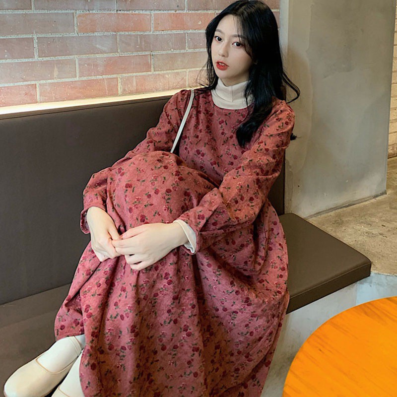 Đầm Tay Dài Hoạ Tiết Hoa Thời Trang Thu Đông Cho Phái Nữ